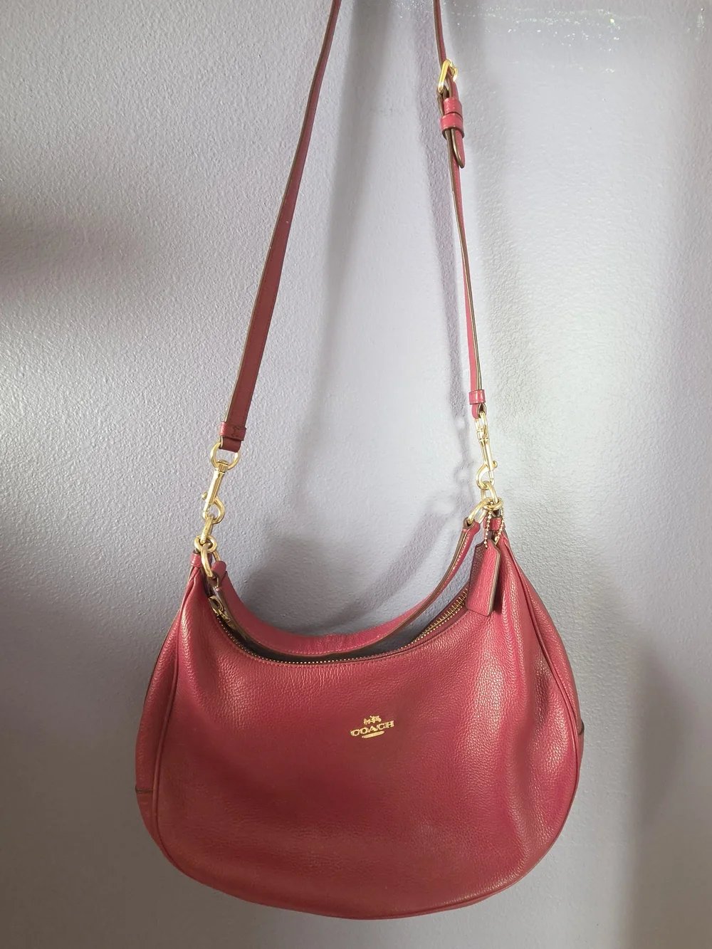 Coach Pebbled Leather Hobo in Berry Red with Gold Hardware